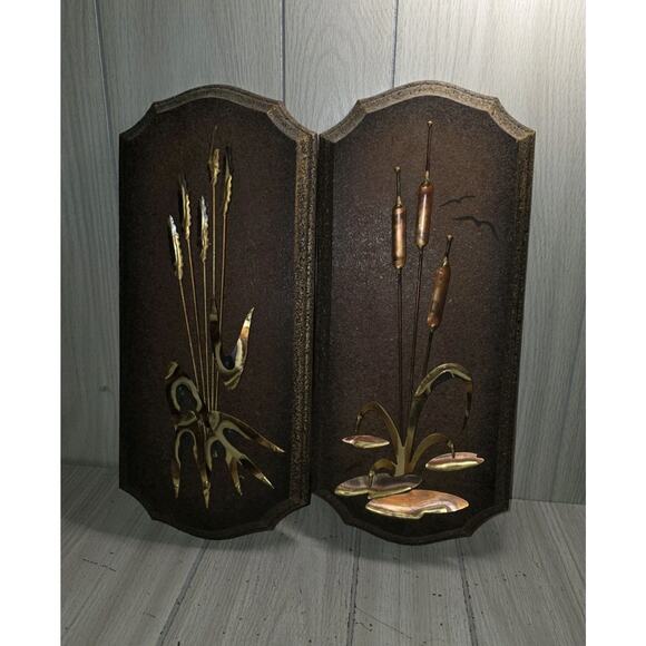 Vintage 70s Brass Wood Cattail Wall Plaques Set Of 2 Mid Century Modern - Picture 1 of 11